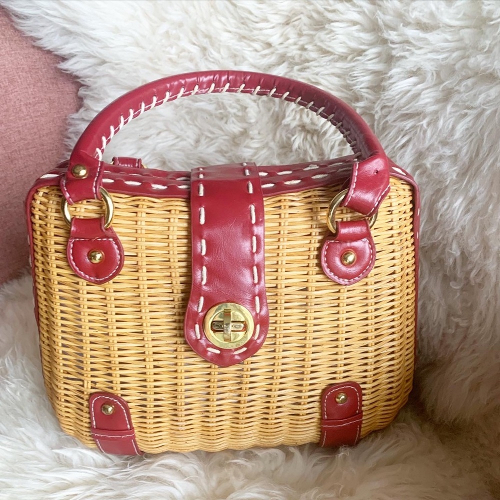 1950’sVINTAGE GEM Wicker Box Bag W Red Leather